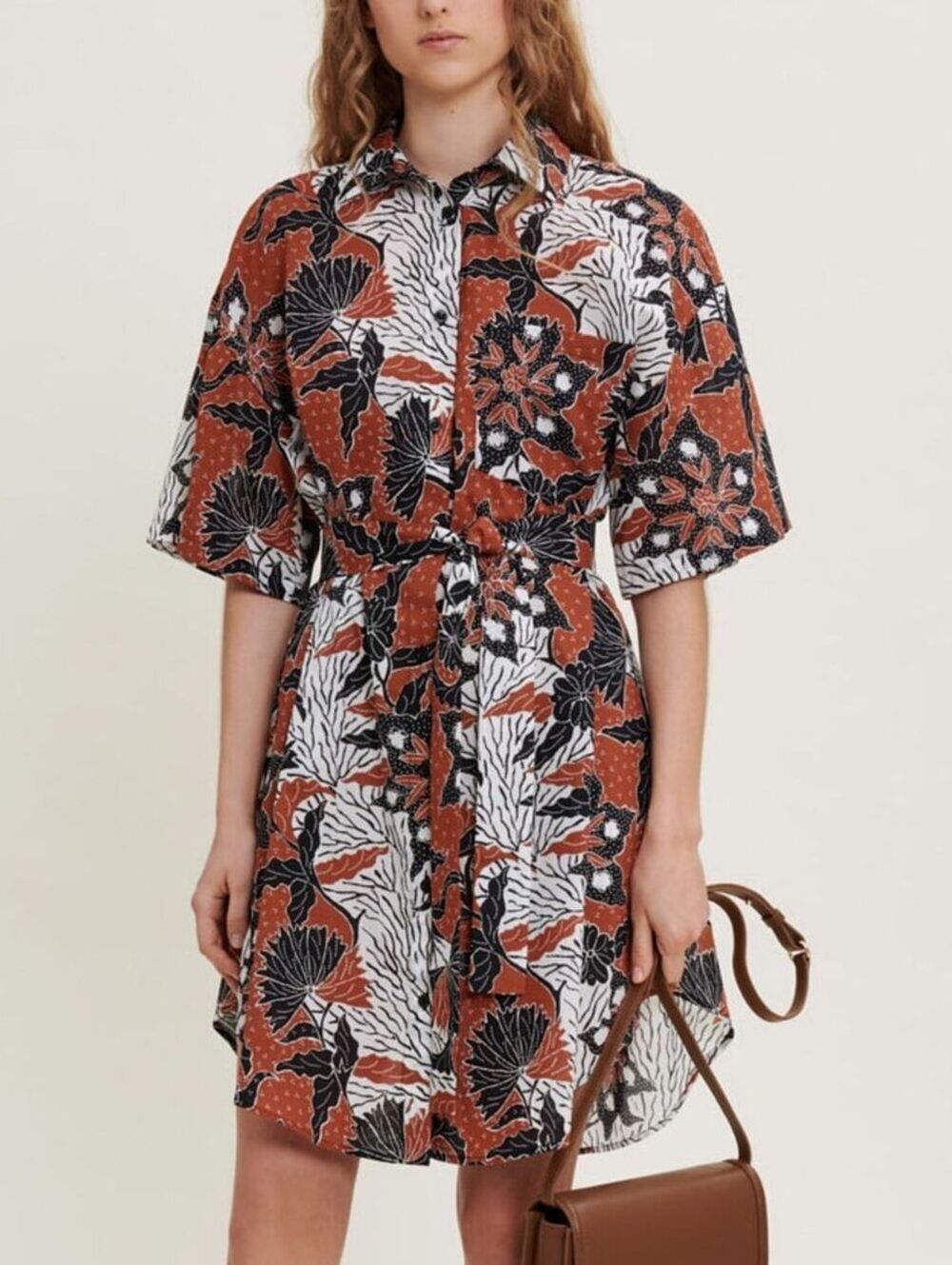 NEW Maje XS FR34 $345 Ethnic Terracotta Black Printed Cotton Voile Shirt Dress